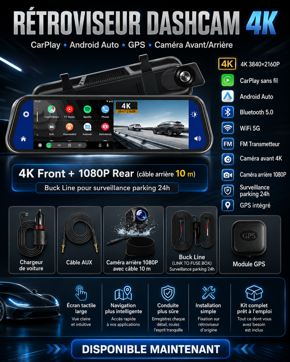 Rétroviseur Dashcam 4K avec CarPlay, Android Auto, GPS & Caméra Arrière 1080P