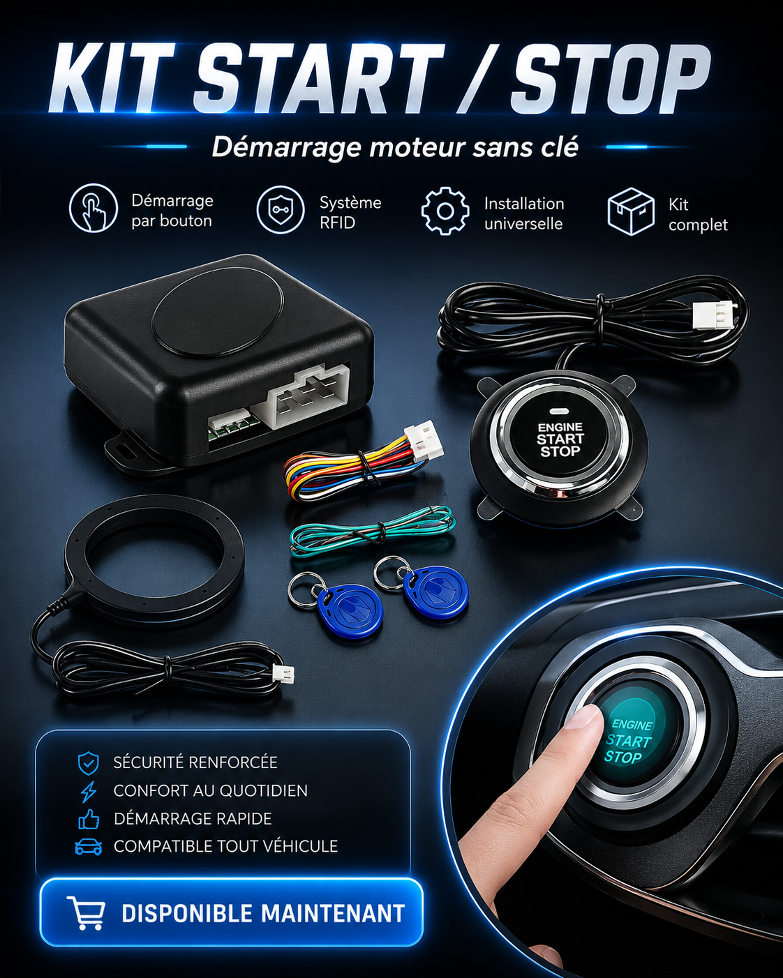 Kit Start/Stop Intelligent avec Démarrage à Distance – Système RFID Universel pour Voiture