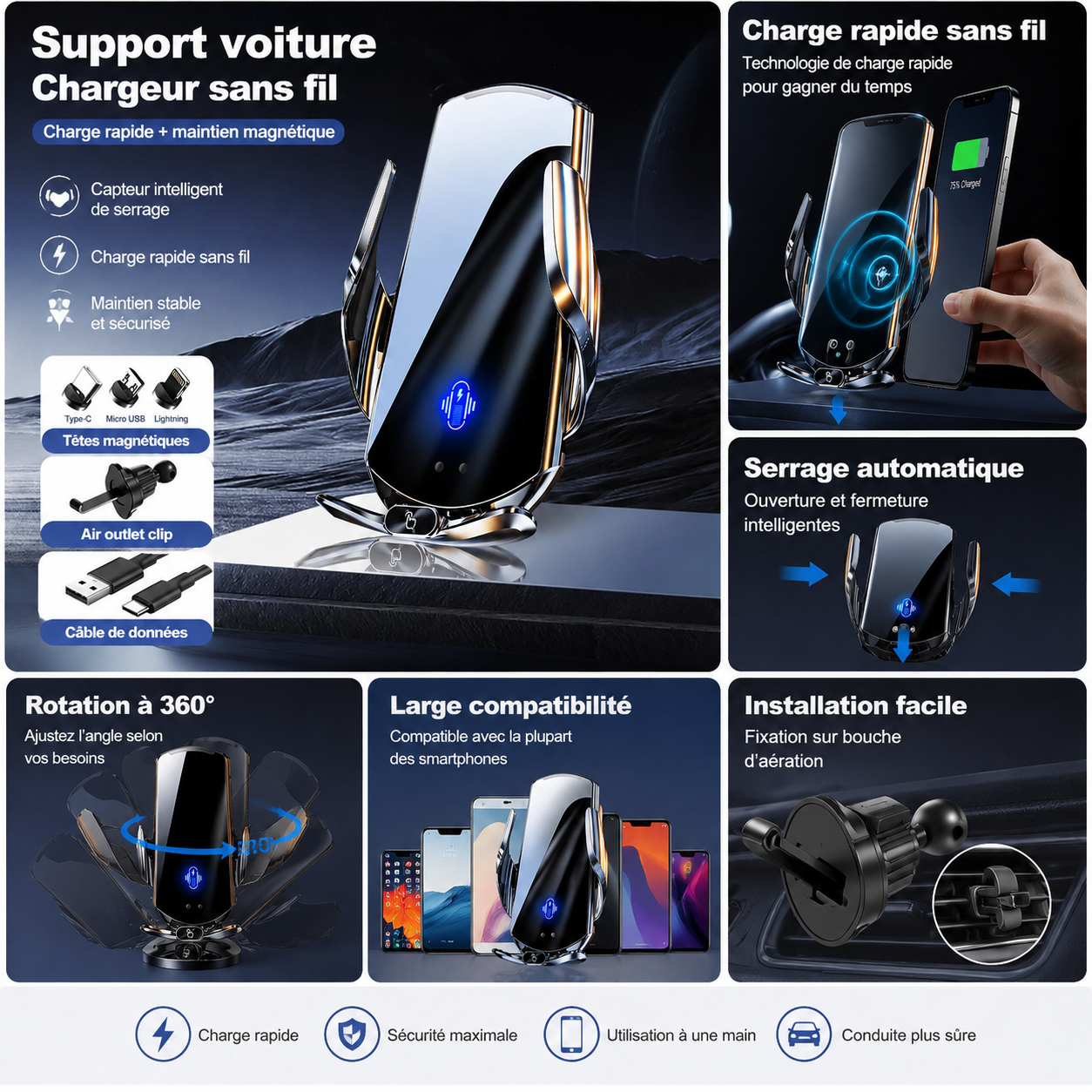 Support Téléphone Voiture Chargeur Sans Fil Magnétique – Fixation Grille Aération, Charge Rapide Qi, Support Serrage Auto Intelligent